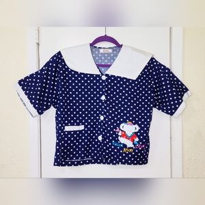 Webb Sailor Suit Type Blue & White Polka Dot Blouse Vintage  Collard Button Down